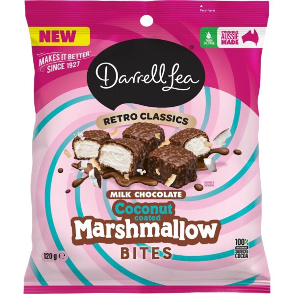 6081393 Darrell Lea Coconut Marshmallow Bites Milk Chocolate 120g