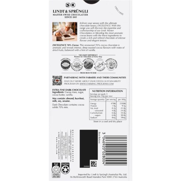 019731_2-1 Lindt Excellence Dark Chocolate 70% Cocoa Block 100g