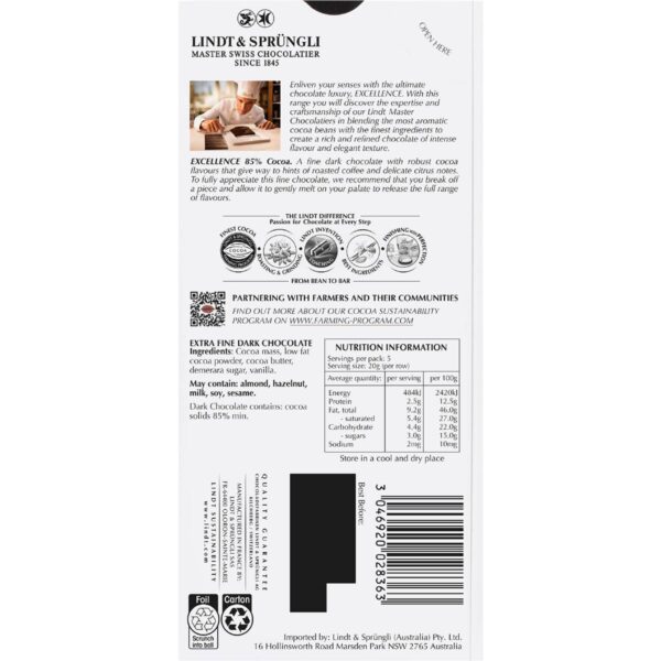 Lindt Excellence Dark Chocolate 85% Cocoa Block 100g