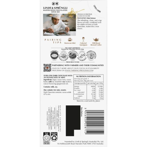 Lindt Excellence Mint Intense Dark Chocolate Block 100g