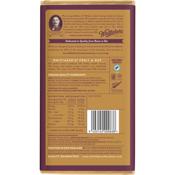 Whittaker's Fruit & Nut Creamy Milk Chocolate Block 250g