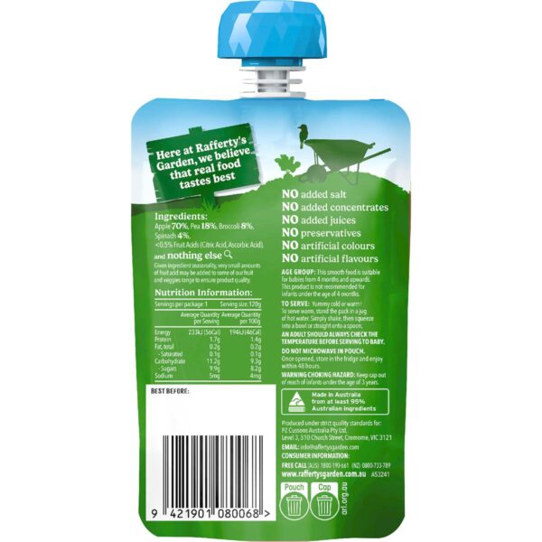Rafferty's Garden Baby Food Pouch Spinach Apple Broccoli & Pea 4+ Months 120g