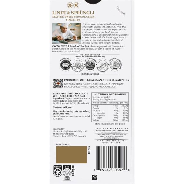 Lindt Excellence Sea Salt Dark Chocolate Block 100g