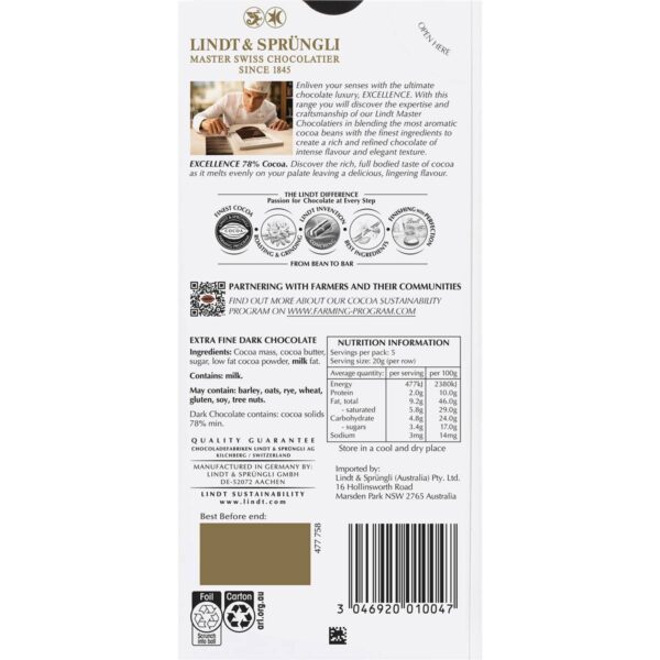 Lindt Excellence 78% Cocoa Dark Chocolate Block 100g
