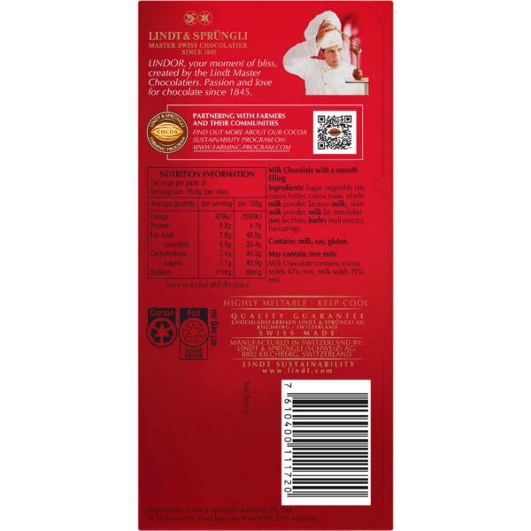 Lindt Lindor Milk Chocolate Block 100g