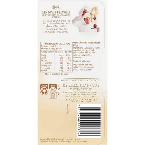 Lindt Lindor White Chocolate Block 100g