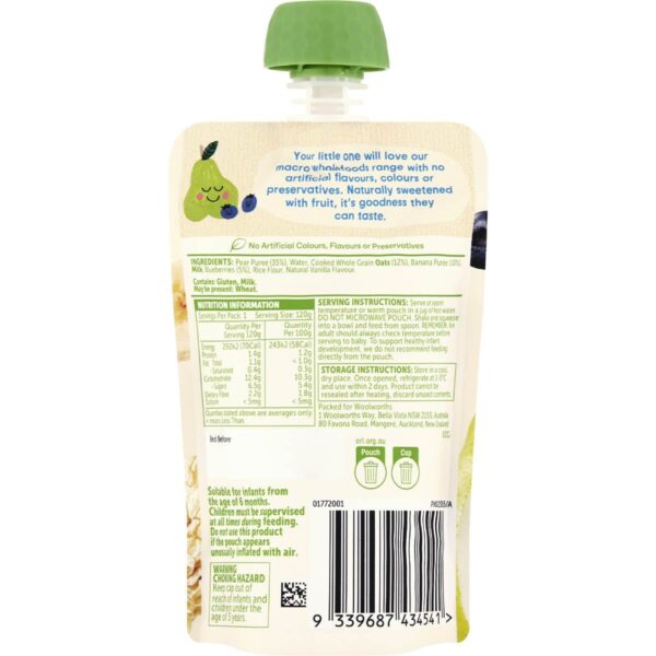 Macro Baby Food Pouch Pear Banana Blueberry & Oats 120g