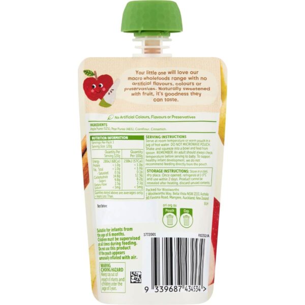 Macro Baby Food Pouch Apple Pear & Cinnamon 6+ Months 120g