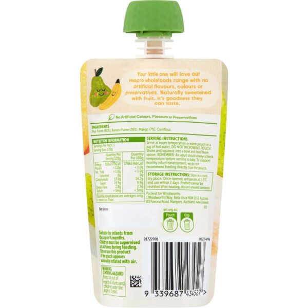 Macro Baby Food Pouch Pear Banana & Mango 6m+ 120g