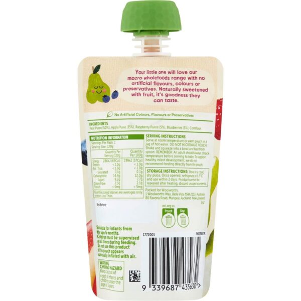 Macro Baby Food Pouch Pear Apple & Berries 6+ Months 120g