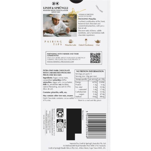 Lindt Excellence Pistachio Dark Chocolate Block 100g