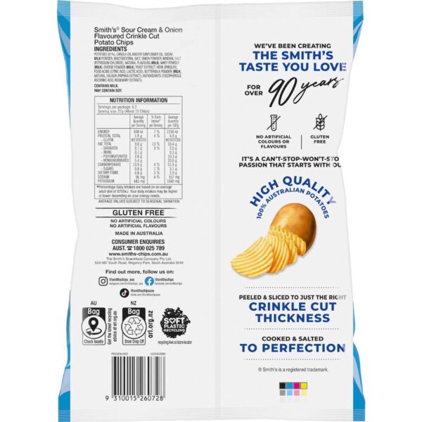 Smith's Crinkle Cut Sour Cream & Onion Potato Chips 170g