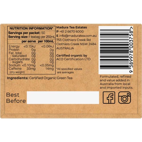 Madura Organic Green Tea Bags 50 pack