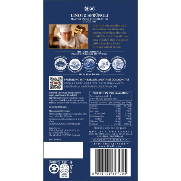 Lindt No Sugar Added Milk Chocolate Block 100g