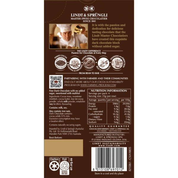 Lindt No Sugar Added Dark Chocolate Block 100g