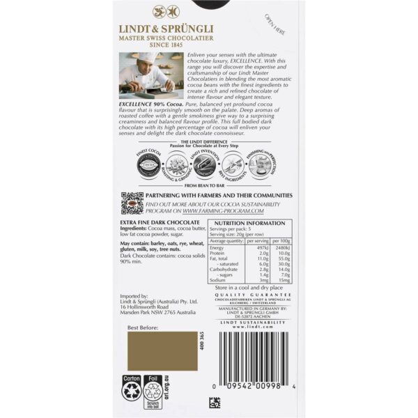 Lindt Excellence 90% Cocoa Dark Chocolate Block 100g